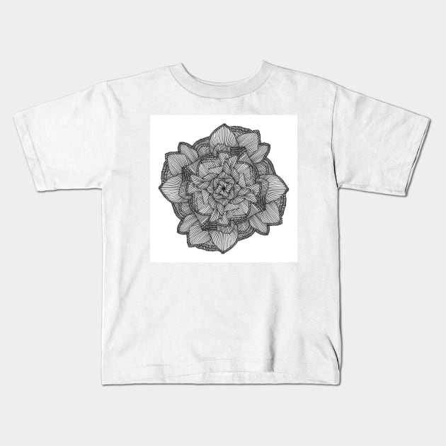 Lined Petal Mandala - Intricate Black and White Digital Illustration - Vibrant and Eye-catching Design for printing on t-shirts, wall art, pillows, phone cases, mugs, tote bags, notebooks and more Kids T-Shirt by cherdoodles